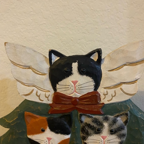 Vintage Hand Painted Wood 6 Cat Angel Tree Standing Philippine Figurine 12”H - Picture 8 of 14